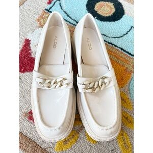 ALDO Brixtonn White Faux Patent Leather Loafers Gold‎ Chain Details
